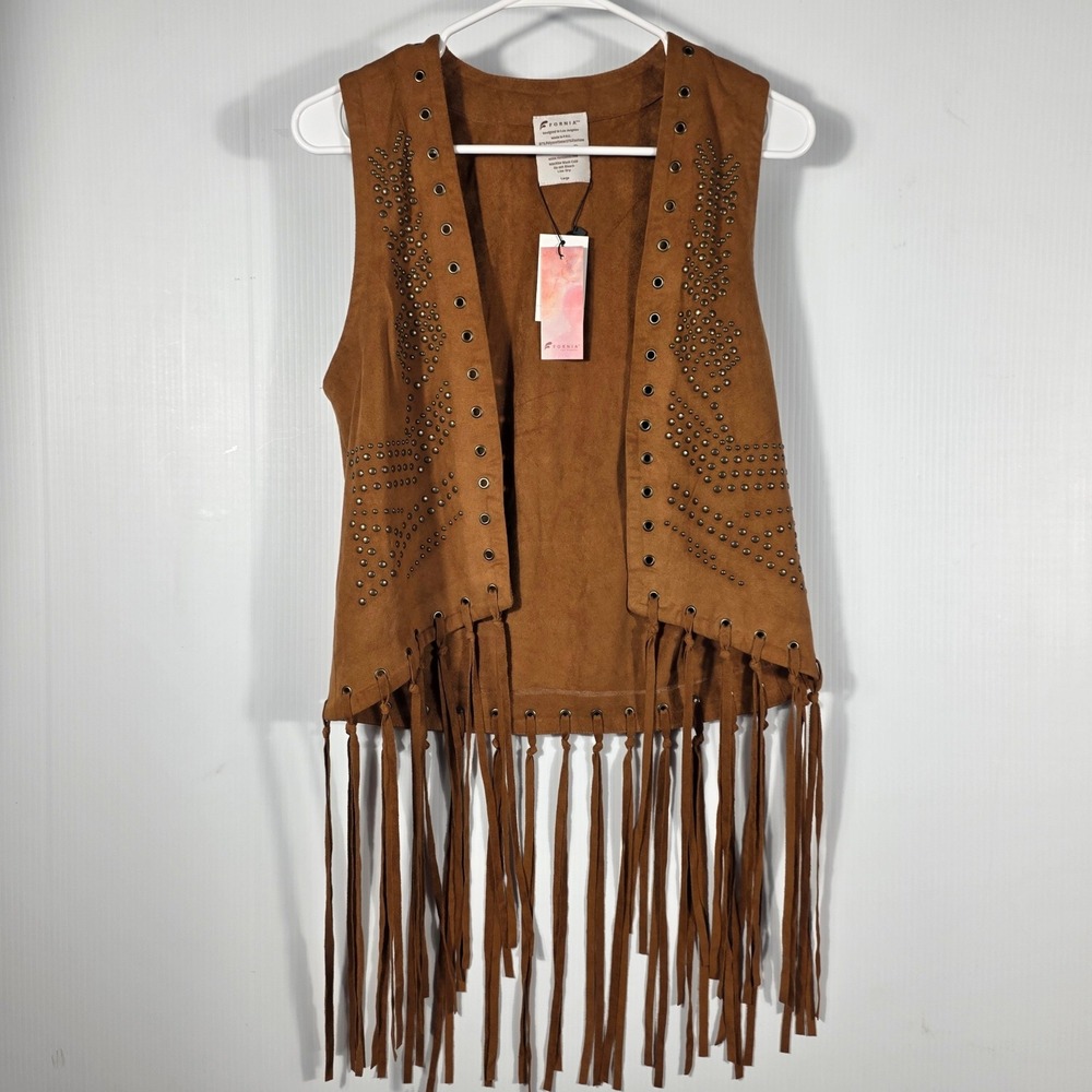Fornia Womens Studded Fringe Faux Suede Vest Cognac Brown Western Boho Large NWT - Picture 2 of 8